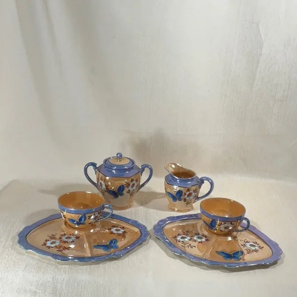 1950’s Japanese Lustreware Set, Sugar Bowl Creamer, 2 Divided Plates, 2 Tea Cups